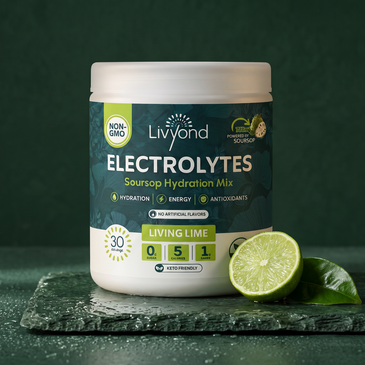 Livyond Electrolytes on wet green slate