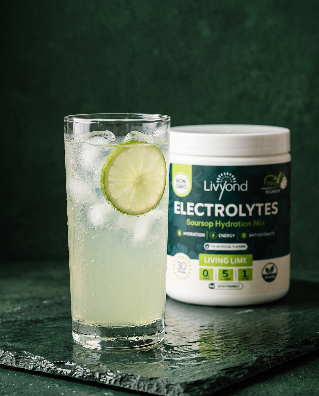 A glass of iced Living Lime water