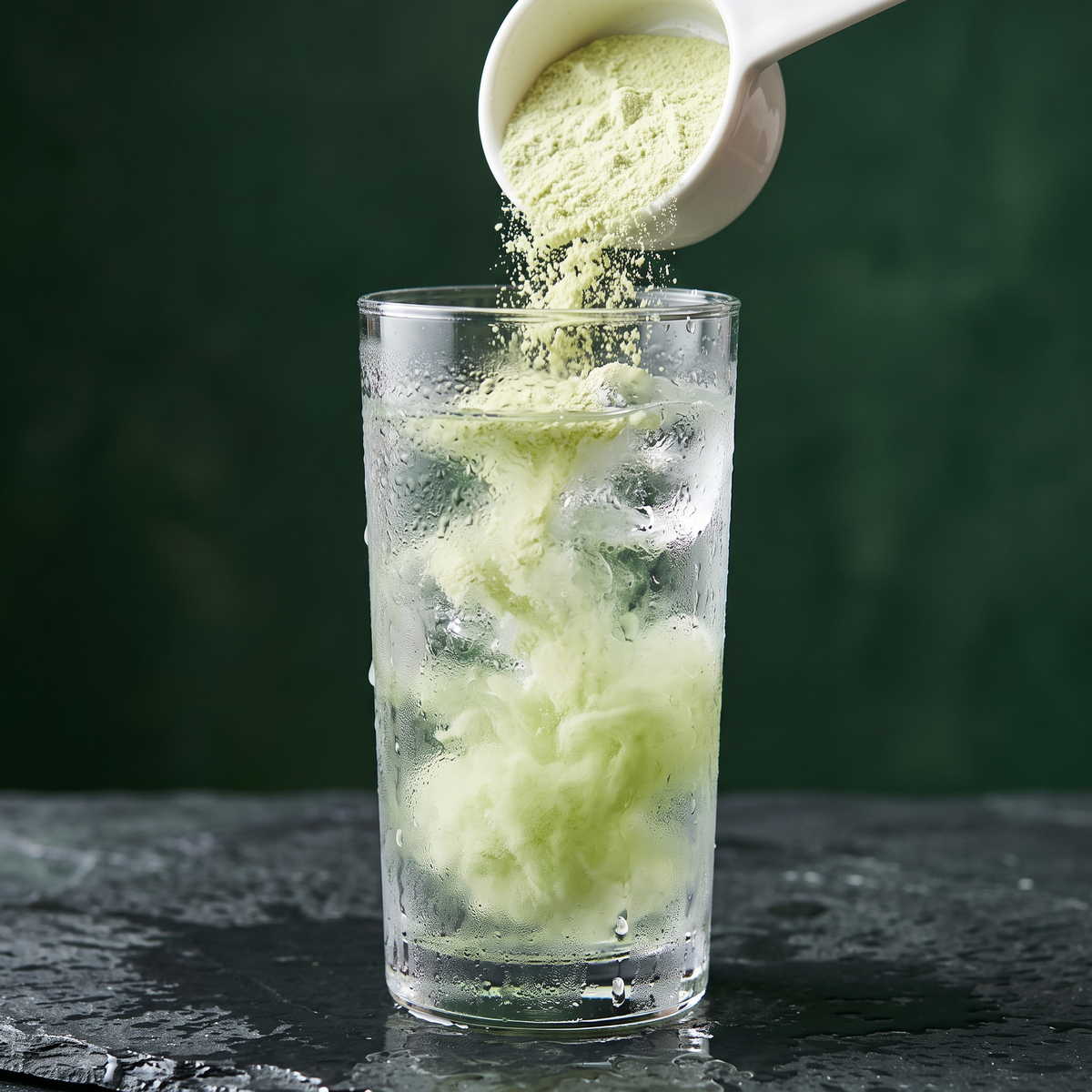 A scoop of powder dissolving in cold water