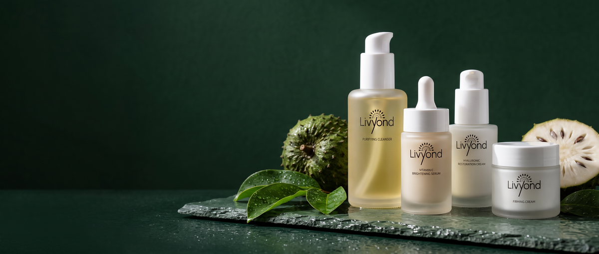 The four Livyond skincare steps on wet green slate with soursop leaves
