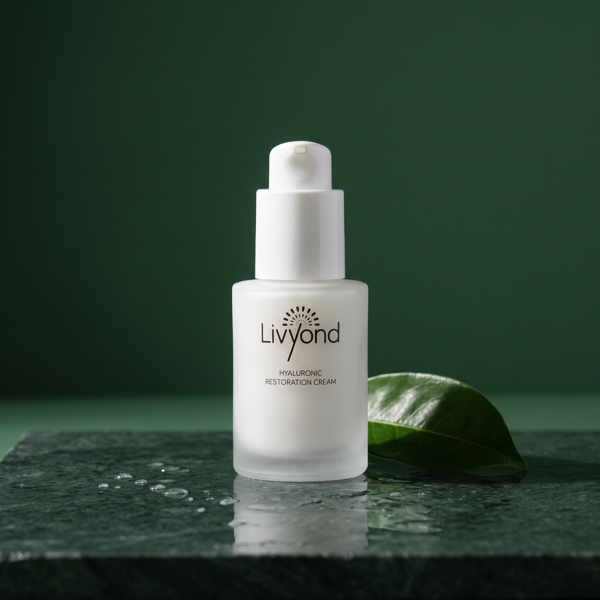 Hyaluronic Restoration Cream on wet green slate