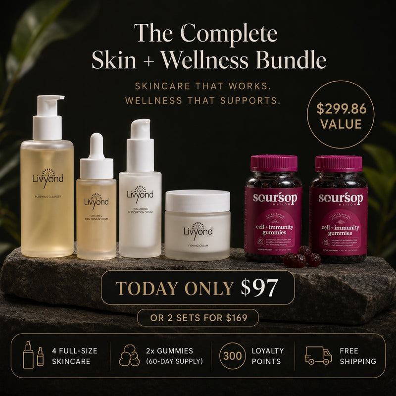 The Complete Skin + Wellness Bundle — 4 full-size skincare, 2x soursop gummies, $299.86 value for $97